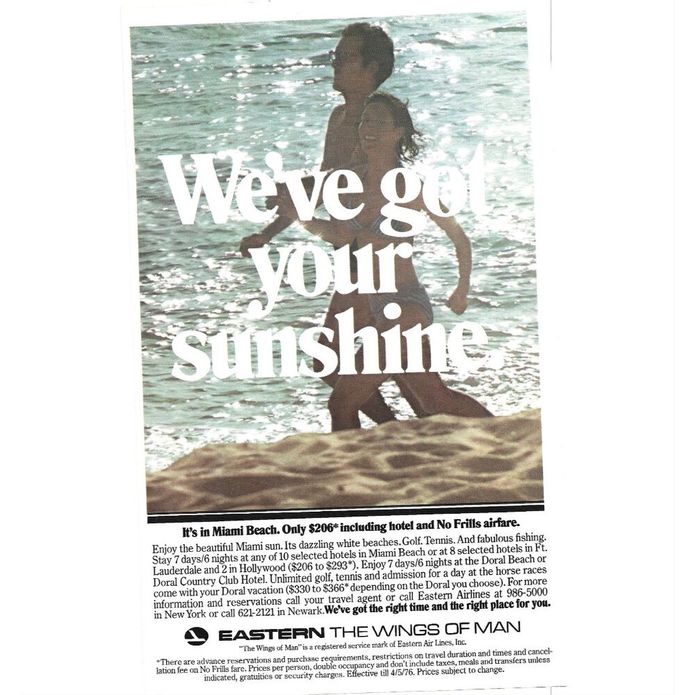 The Wings of Man Airline Miami Beach Sunshine 1970s Vintage Print Ad 9 inch
